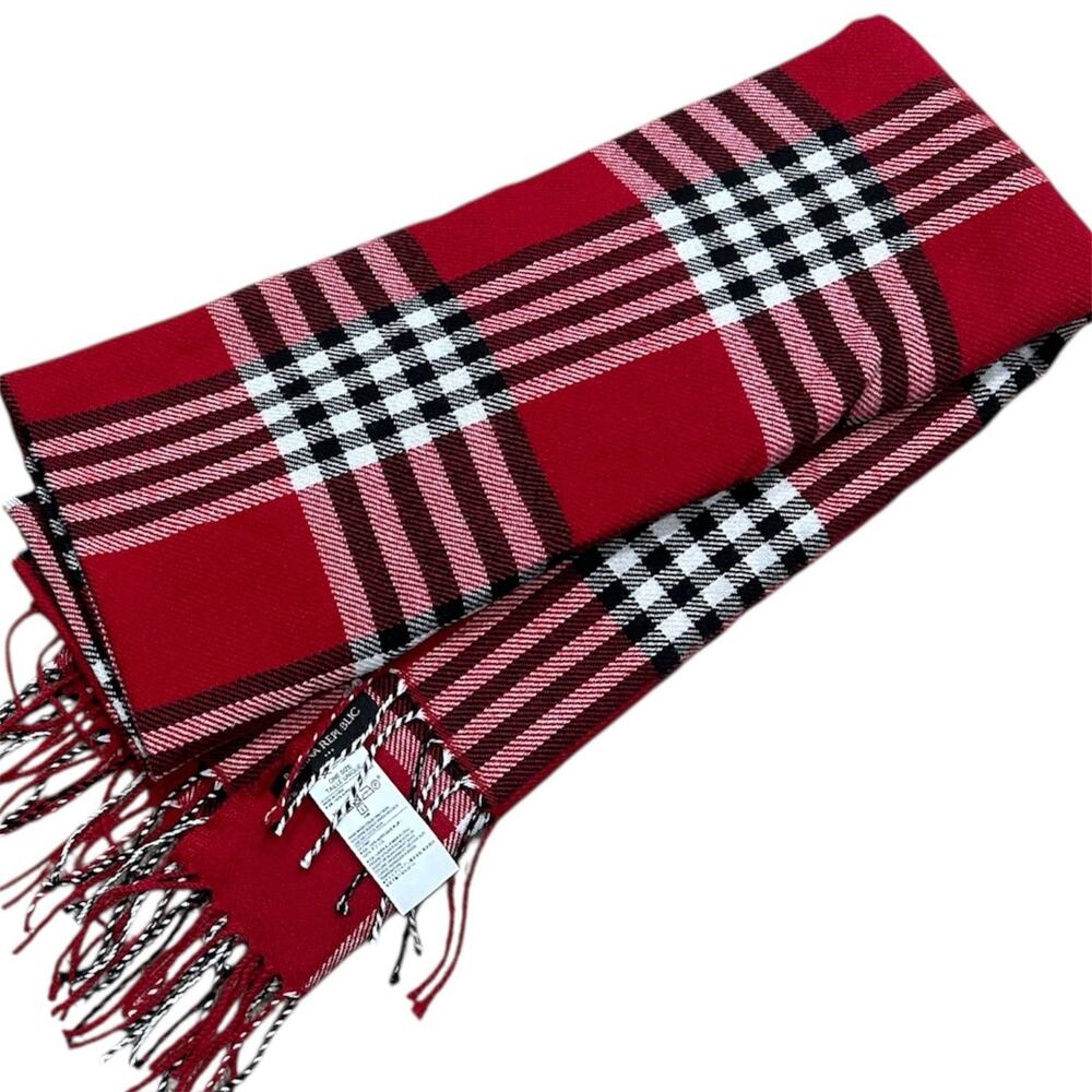 Banana Republic Plaid Tartan Fleece Fringed Scarf Long Red White Black Winter